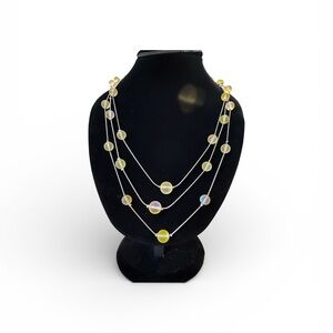 #13 Yellow 3 Rows Of Iridescent Glass Necklace 20-22 Inches Silvertone